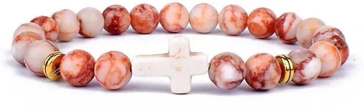 Jesus Cross Charm Bracelets Men Nature Lava Stone 8mm White Beads Bracelets Prayer Bangles for Women Jewelry