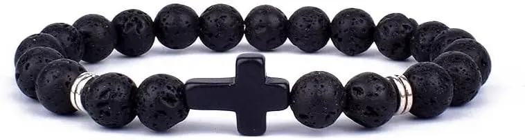 Jesus Cross Charm Bracelets Men Nature Lava Stone 8mm White Beads Bracelets Prayer Bangles for Women Jewelry