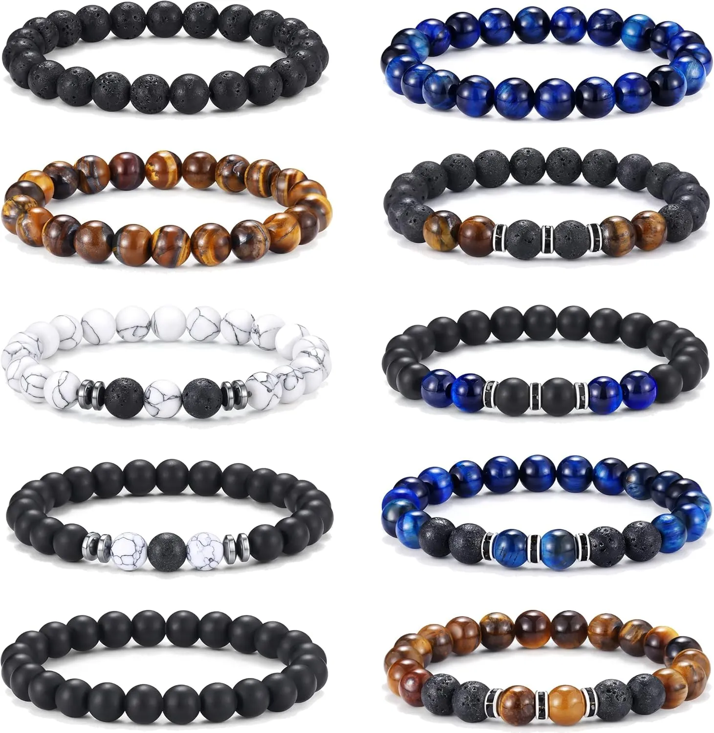 Jewdreamer 10PCS Tiger Eye Bracelet For Men 8MM Natural Stone Beads Bracelet Set Stretch Lava Rock Bracelets Adjustable Black Crystal Beaded Bracelet for Men Women Gifts