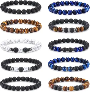 Jewdreamer 10PCS Tiger Eye Bracelet For Men 8MM Natural Stone Beads Bracelet Set Stretch Lava Rock Bracelets Adjustable Black Crystal Beaded Bracelet for Men Women Gifts