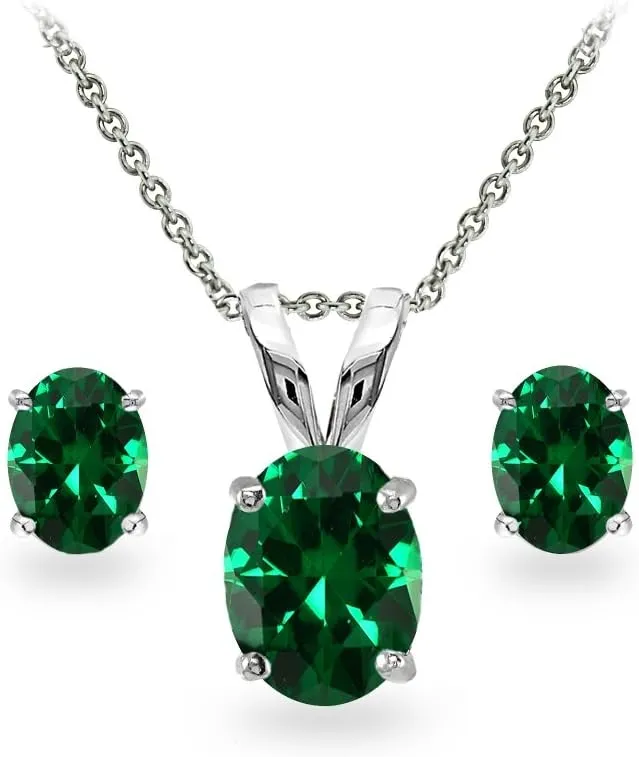 Jewelry Sets for Women, Necklace and Earring Sets for Women, Birthstone Jewelry, Genuine or Synthetic Gemstones, Oval Solitaire, Pendant Necklace, Stud Earrings, Sterling Silver Jewelry or Gold Flash