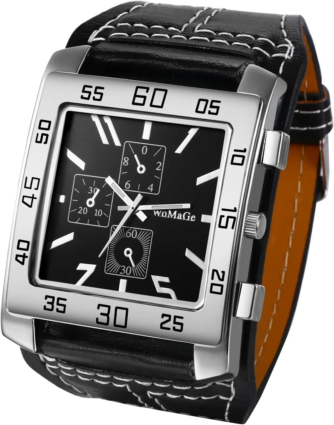 JewelryWe Square Leather Wrist Watch for Men Punk Analog Quartz Watch Black Casual Business Dress Watches