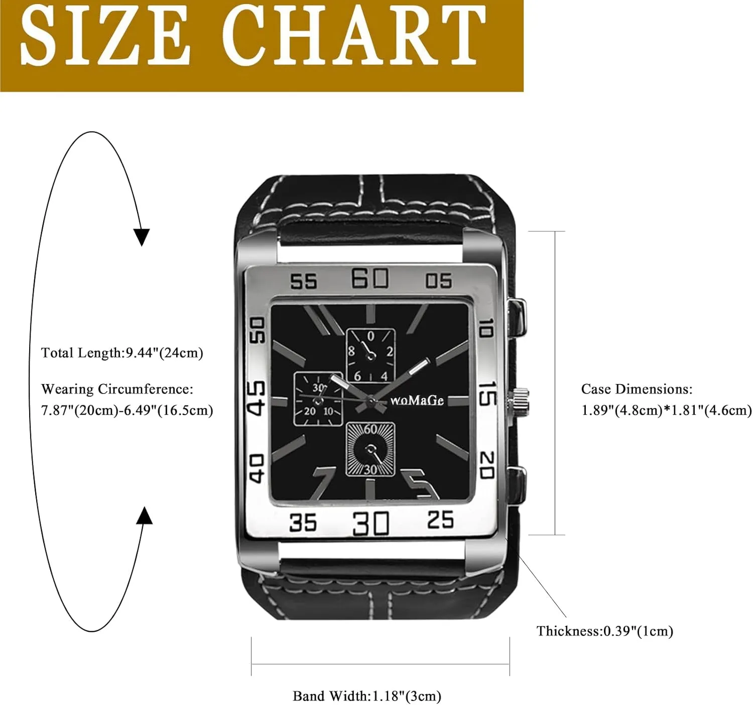 JewelryWe Square Leather Wrist Watch for Men Punk Analog Quartz Watch Black Casual Business Dress Watches