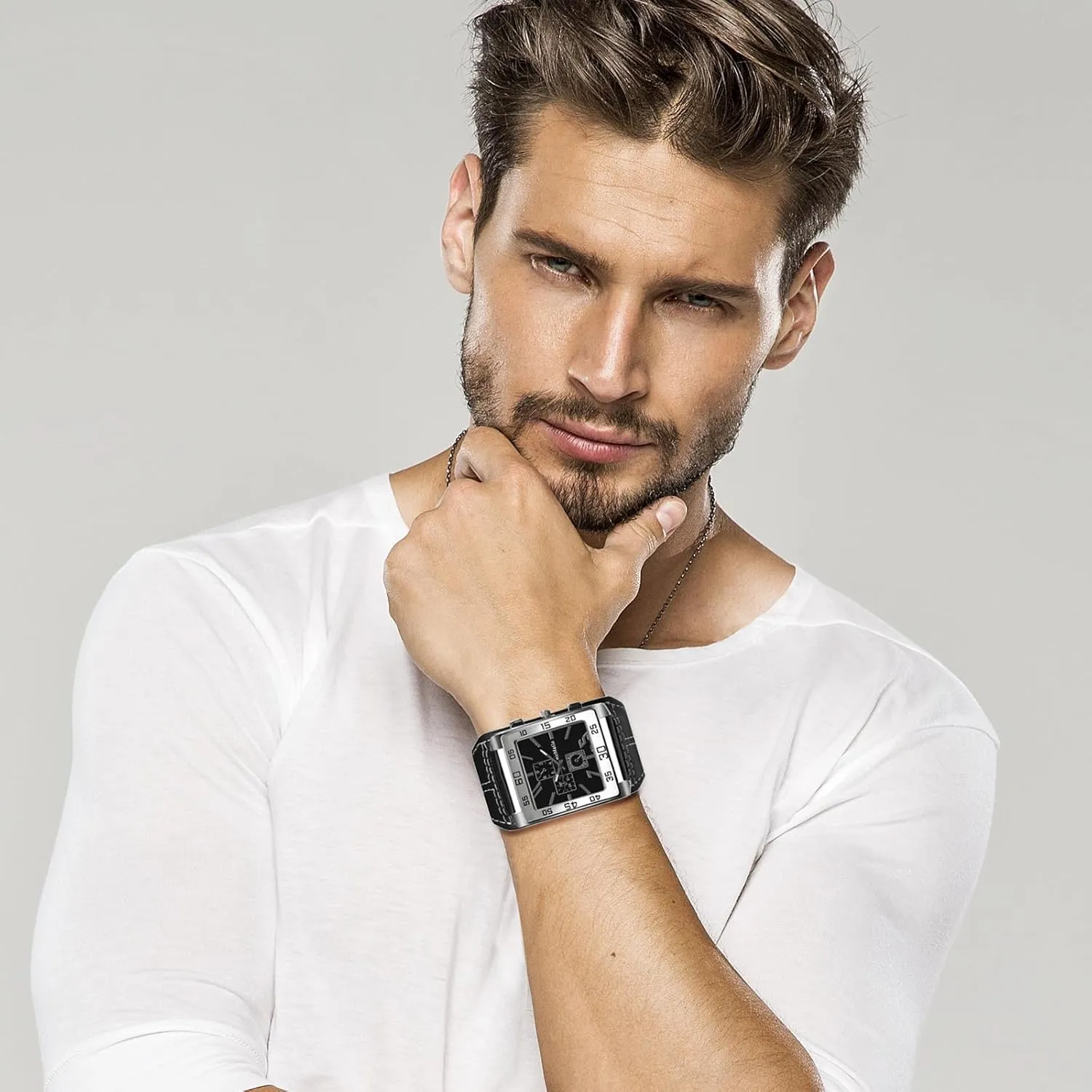 JewelryWe Square Leather Wrist Watch for Men Punk Analog Quartz Watch Black Casual Business Dress Watches