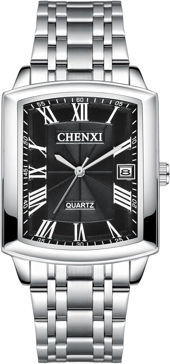 JewelryWe Stainless Steel Square Watch: Silver Analog Quartz Calendar Wristwatch with Black Dial Waterproof Casual Business Watches for Women