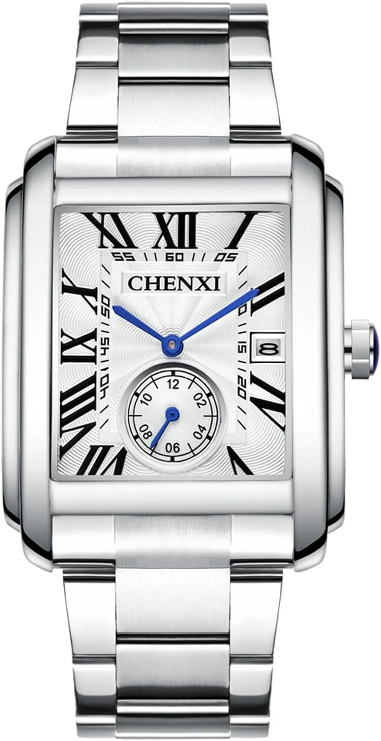JewelryWe Stainless Steel Square Watch: Silver Analog Quartz Calendar Wristwatch with Second Dial Waterproof Casual Business Watches for Men