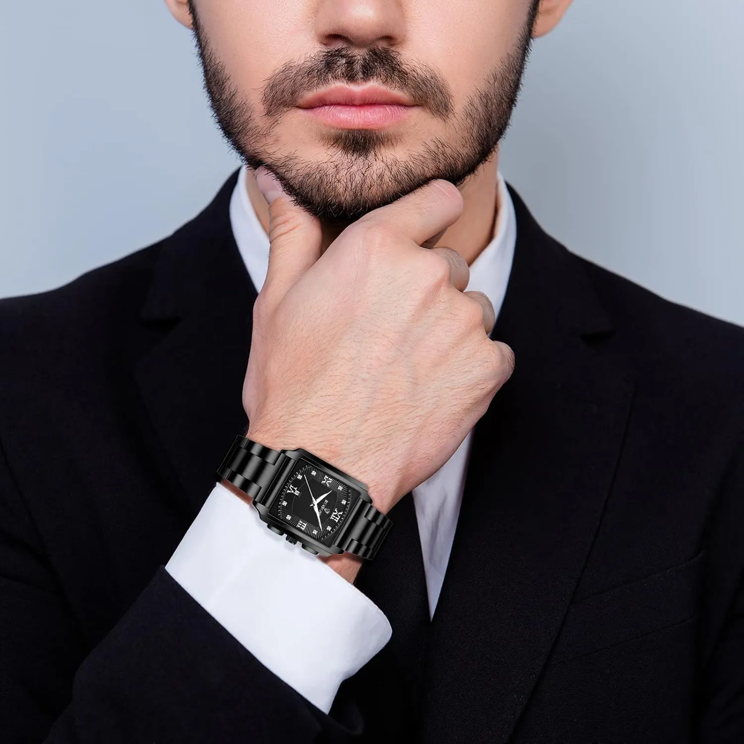 JewelryWe Watches for Men Square Lunimous Analog Quartz Calendar Watch Polished Stainless Steel Business Casual Dress Wristwatch
