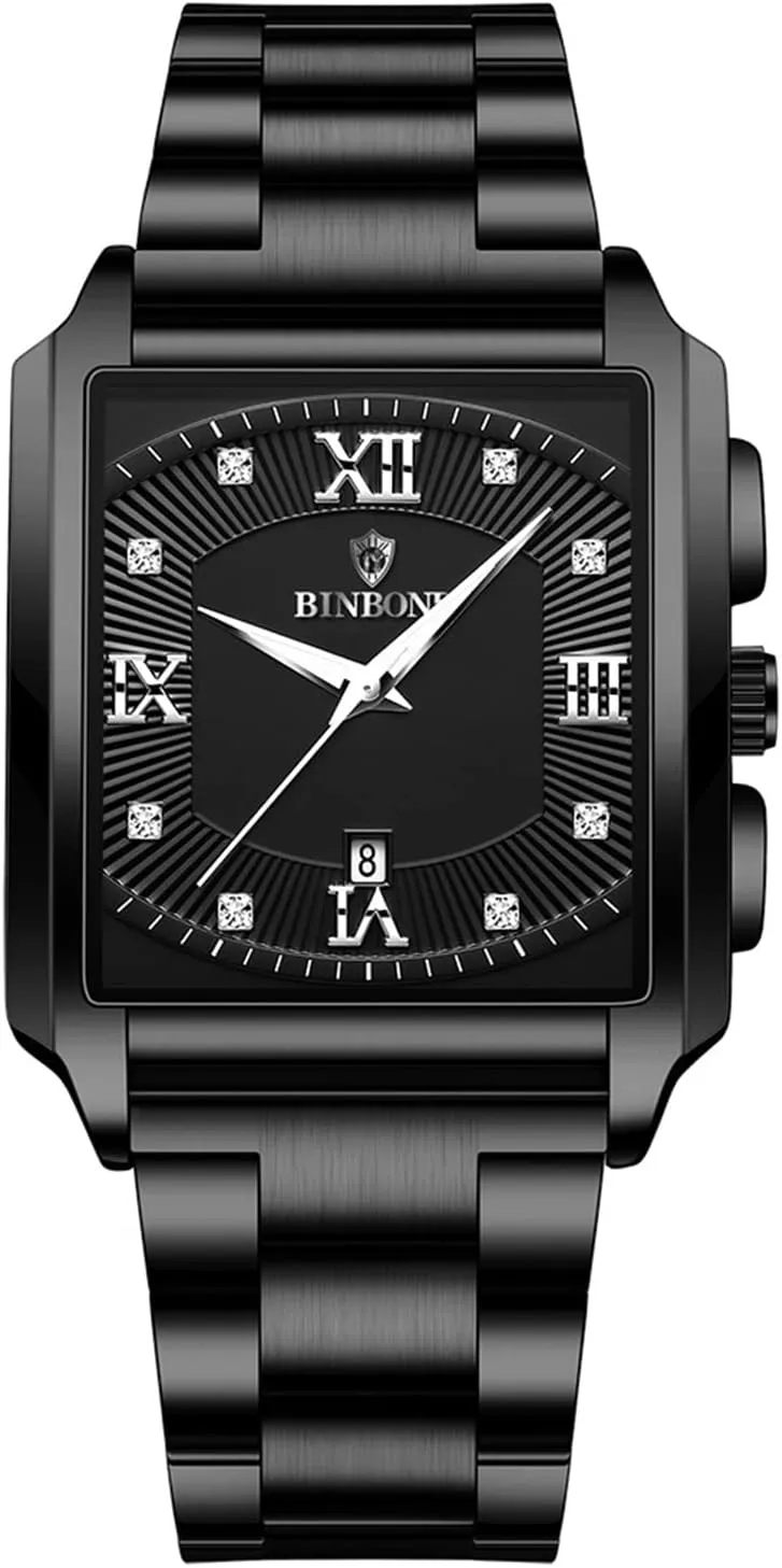 JewelryWe Watches for Men Square Lunimous Analog Quartz Calendar Watch Polished Stainless Steel Business Casual Dress Wristwatch