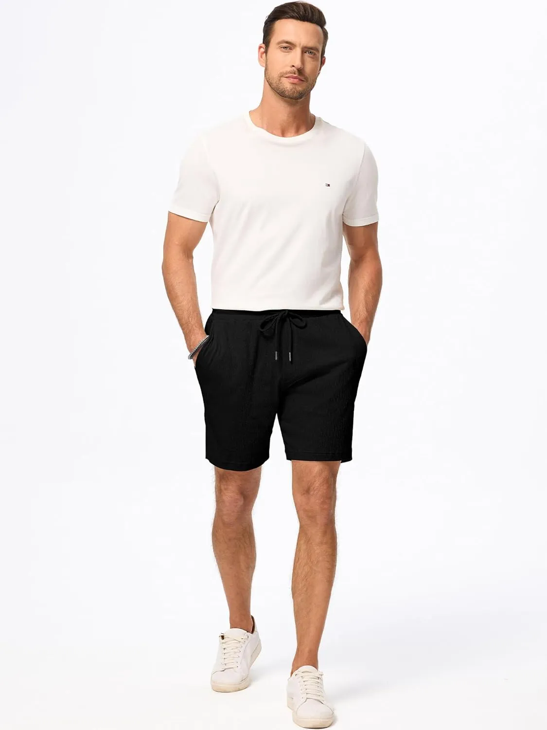 JMIERR Mens Casual 7" Shorts Cotton Elastic Waist Drawstring Summer Texture Stretch Beach Shorts with Pockets