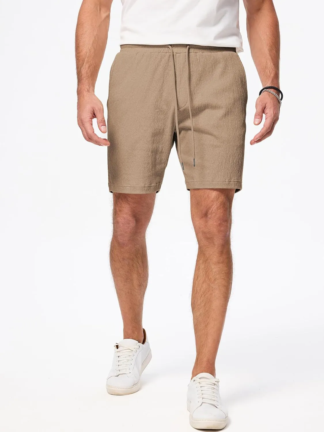 JMIERR Mens Casual 7" Shorts Cotton Elastic Waist Drawstring Summer Texture Stretch Beach Shorts with Pockets
