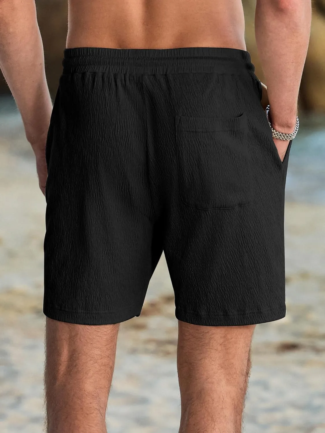 JMIERR Mens Casual 7" Shorts Cotton Elastic Waist Drawstring Summer Texture Stretch Beach Shorts with Pockets