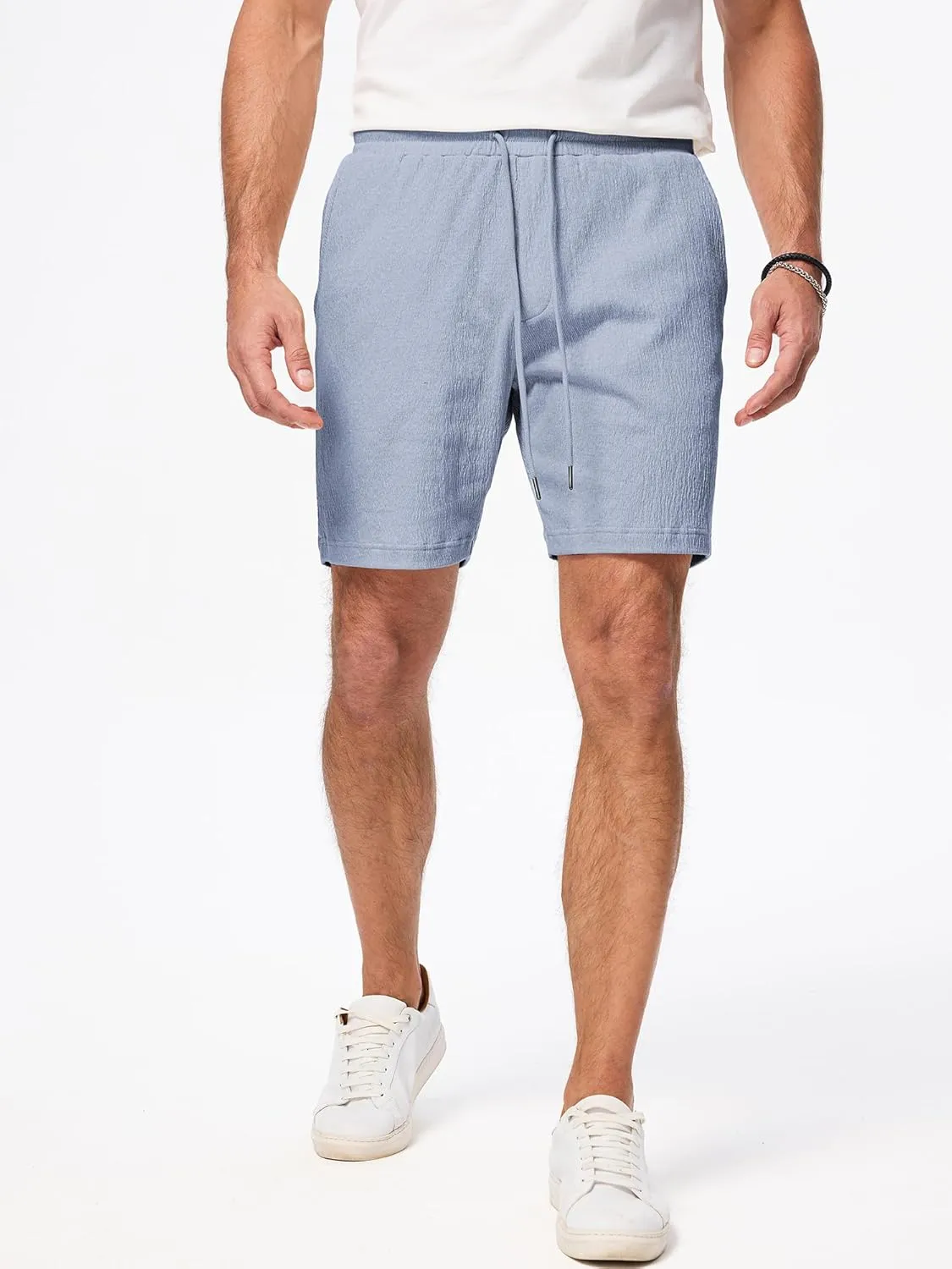 JMIERR Mens Casual 7" Shorts Cotton Elastic Waist Drawstring Summer Texture Stretch Beach Shorts with Pockets