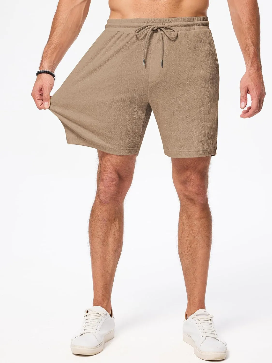 JMIERR Mens Casual 7" Shorts Cotton Elastic Waist Drawstring Summer Texture Stretch Beach Shorts with Pockets