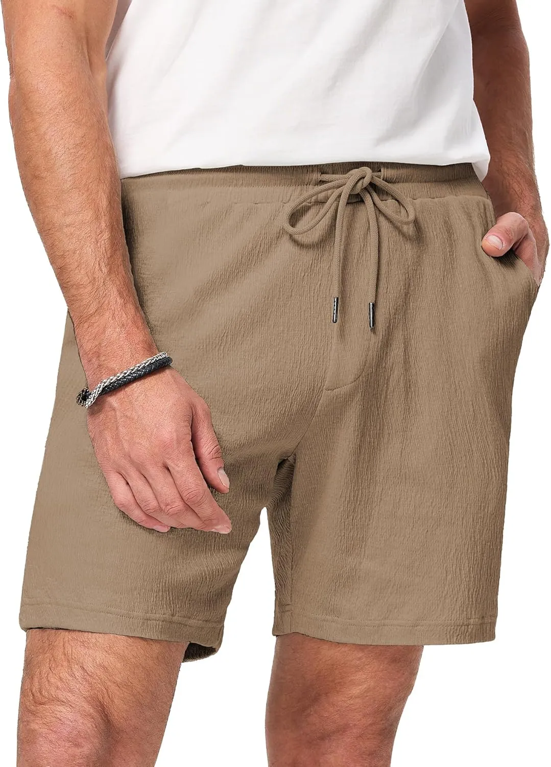 JMIERR Mens Casual 7" Shorts Cotton Elastic Waist Drawstring Summer Texture Stretch Beach Shorts with Pockets