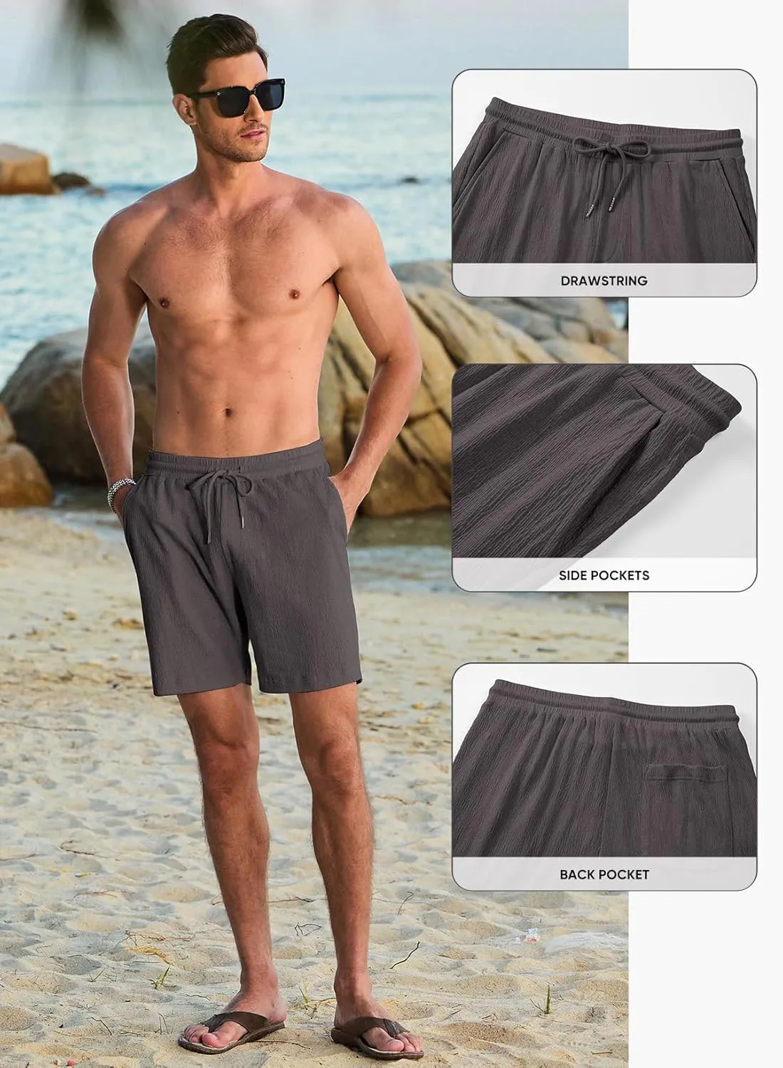 JMIERR Mens Casual 7" Shorts Cotton Elastic Waist Drawstring Summer Texture Stretch Beach Shorts with Pockets