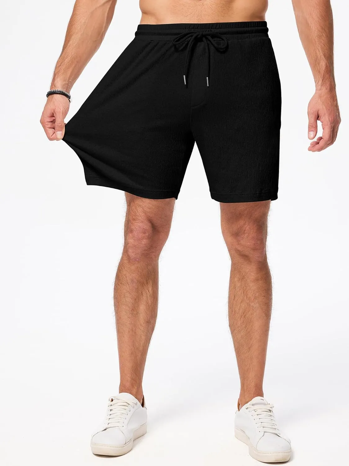 JMIERR Mens Casual 7" Shorts Cotton Elastic Waist Drawstring Summer Texture Stretch Beach Shorts with Pockets