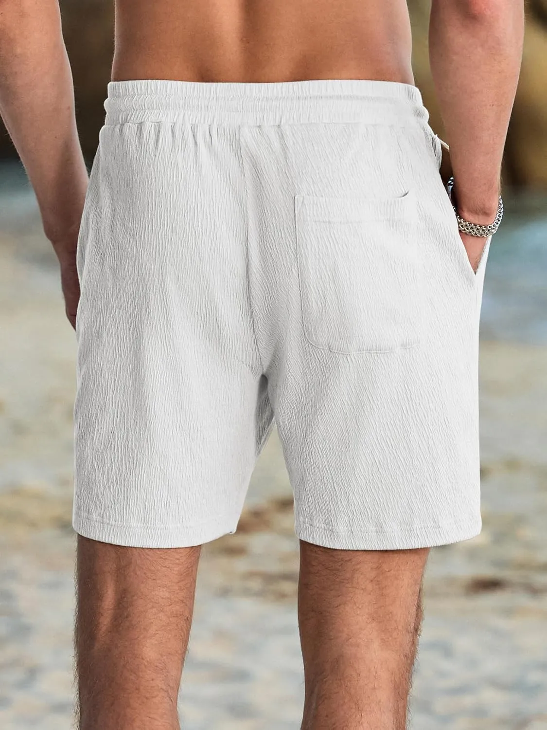 JMIERR Mens Casual 7" Shorts Cotton Elastic Waist Drawstring Summer Texture Stretch Beach Shorts with Pockets