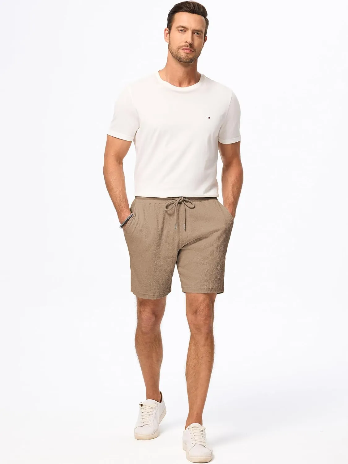 JMIERR Mens Casual 7" Shorts Cotton Elastic Waist Drawstring Summer Texture Stretch Beach Shorts with Pockets