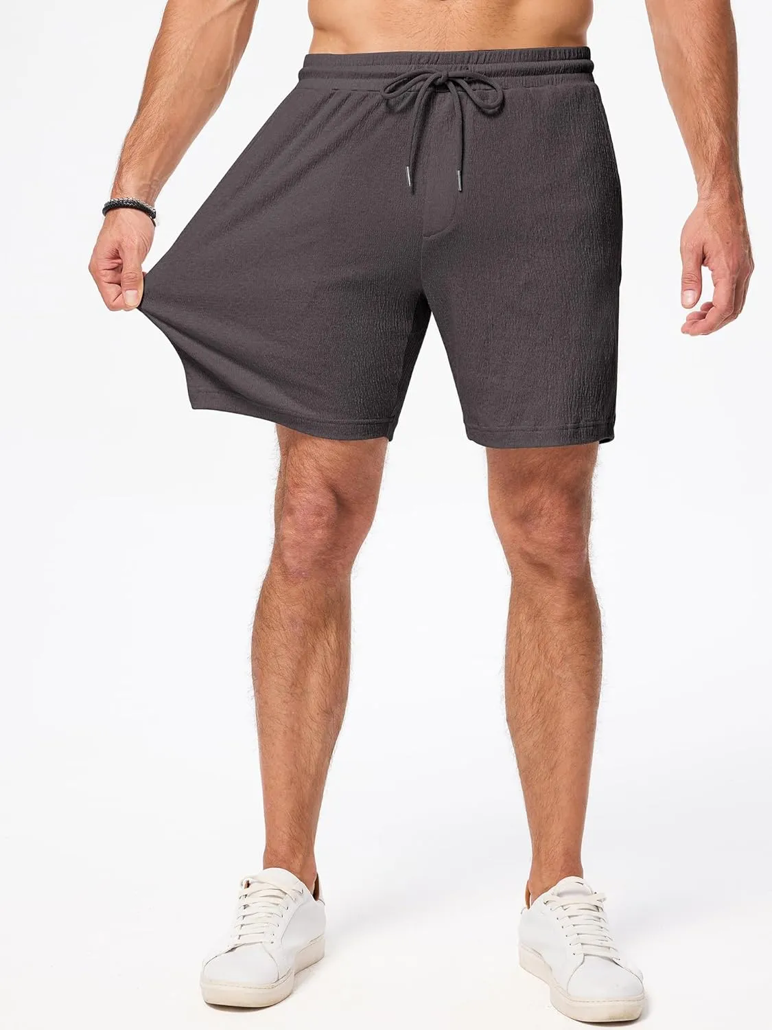 JMIERR Mens Casual 7" Shorts Cotton Elastic Waist Drawstring Summer Texture Stretch Beach Shorts with Pockets