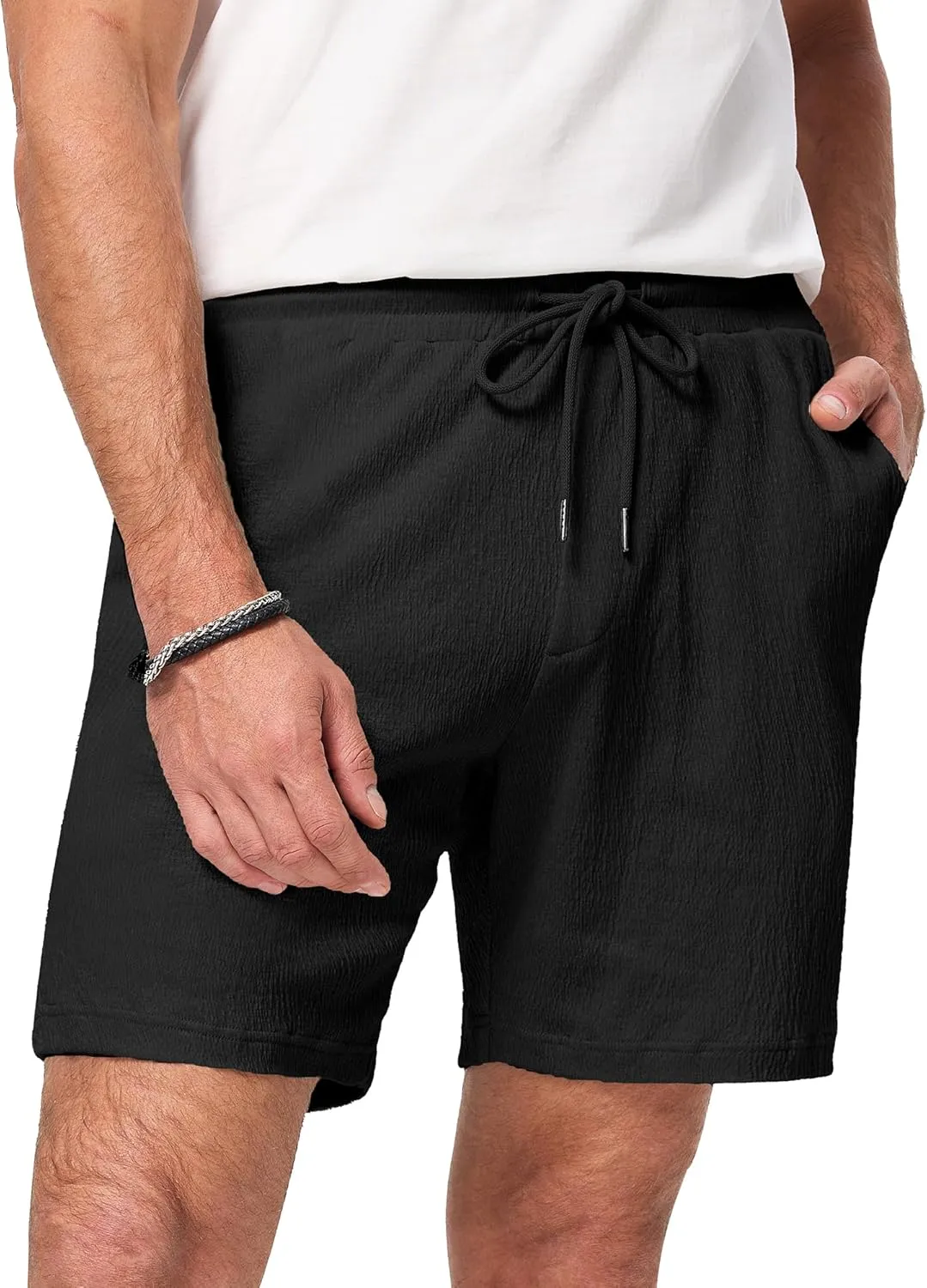 JMIERR Mens Casual 7" Shorts Cotton Elastic Waist Drawstring Summer Texture Stretch Beach Shorts with Pockets