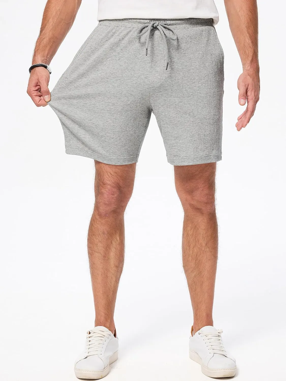 JMIERR Mens Casual 7" Shorts Cotton Elastic Waist Drawstring Summer Texture Stretch Beach Shorts with Pockets