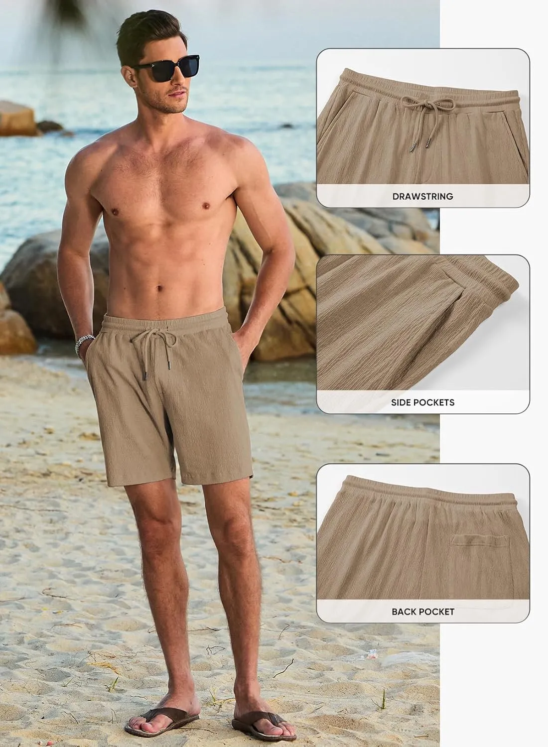 JMIERR Mens Casual 7" Shorts Cotton Elastic Waist Drawstring Summer Texture Stretch Beach Shorts with Pockets