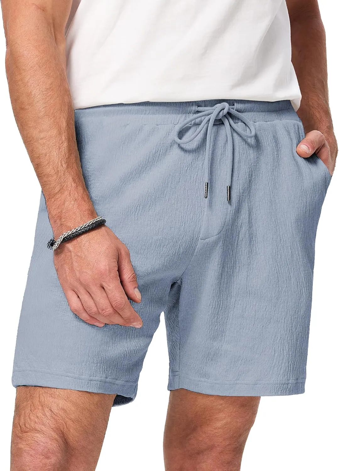 JMIERR Mens Casual 7" Shorts Cotton Elastic Waist Drawstring Summer Texture Stretch Beach Shorts with Pockets
