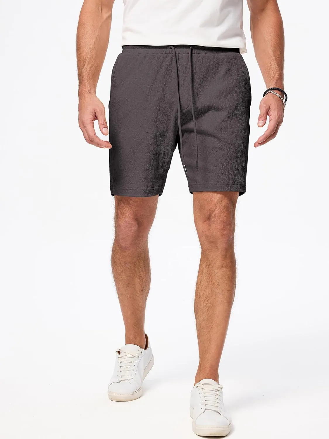 JMIERR Mens Casual 7" Shorts Cotton Elastic Waist Drawstring Summer Texture Stretch Beach Shorts with Pockets