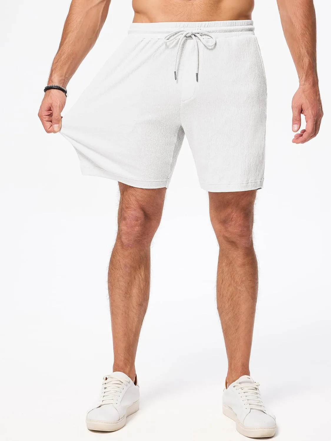 JMIERR Mens Casual 7" Shorts Cotton Elastic Waist Drawstring Summer Texture Stretch Beach Shorts with Pockets