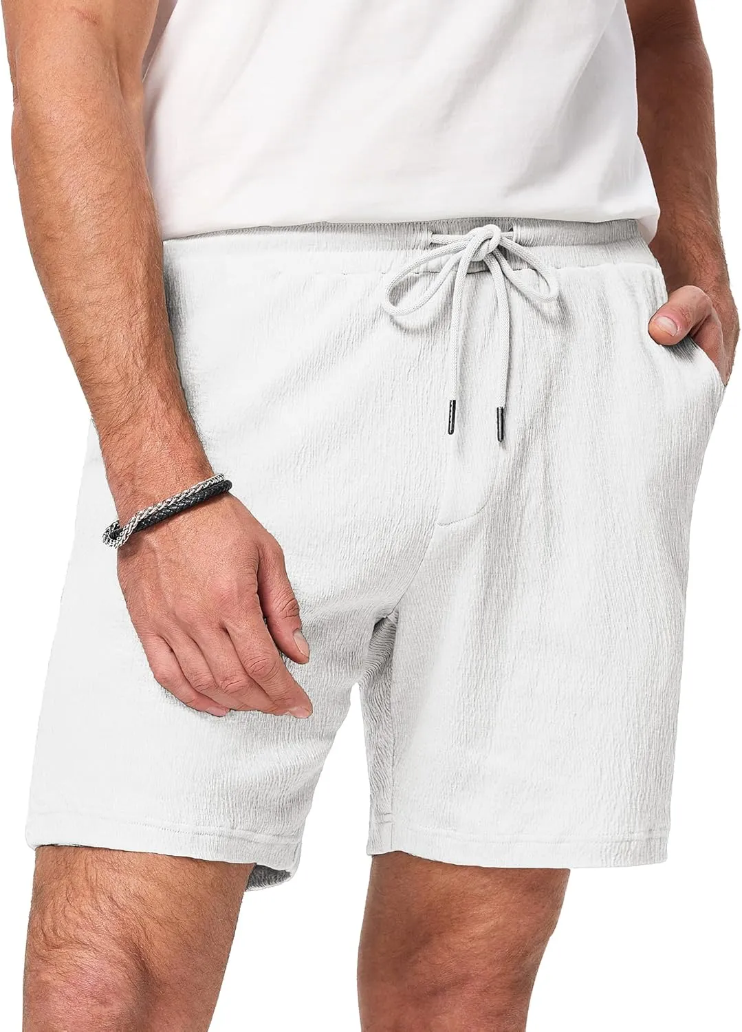 JMIERR Mens Casual 7" Shorts Cotton Elastic Waist Drawstring Summer Texture Stretch Beach Shorts with Pockets