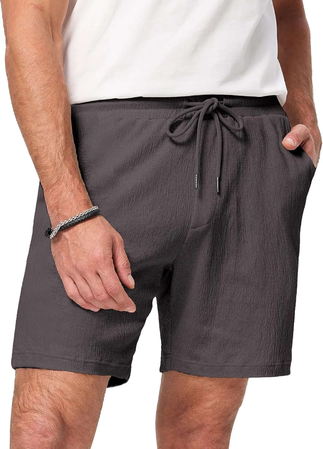 JMIERR Mens Casual 7" Shorts Cotton Elastic Waist Drawstring Summer Texture Stretch Beach Shorts with Pockets