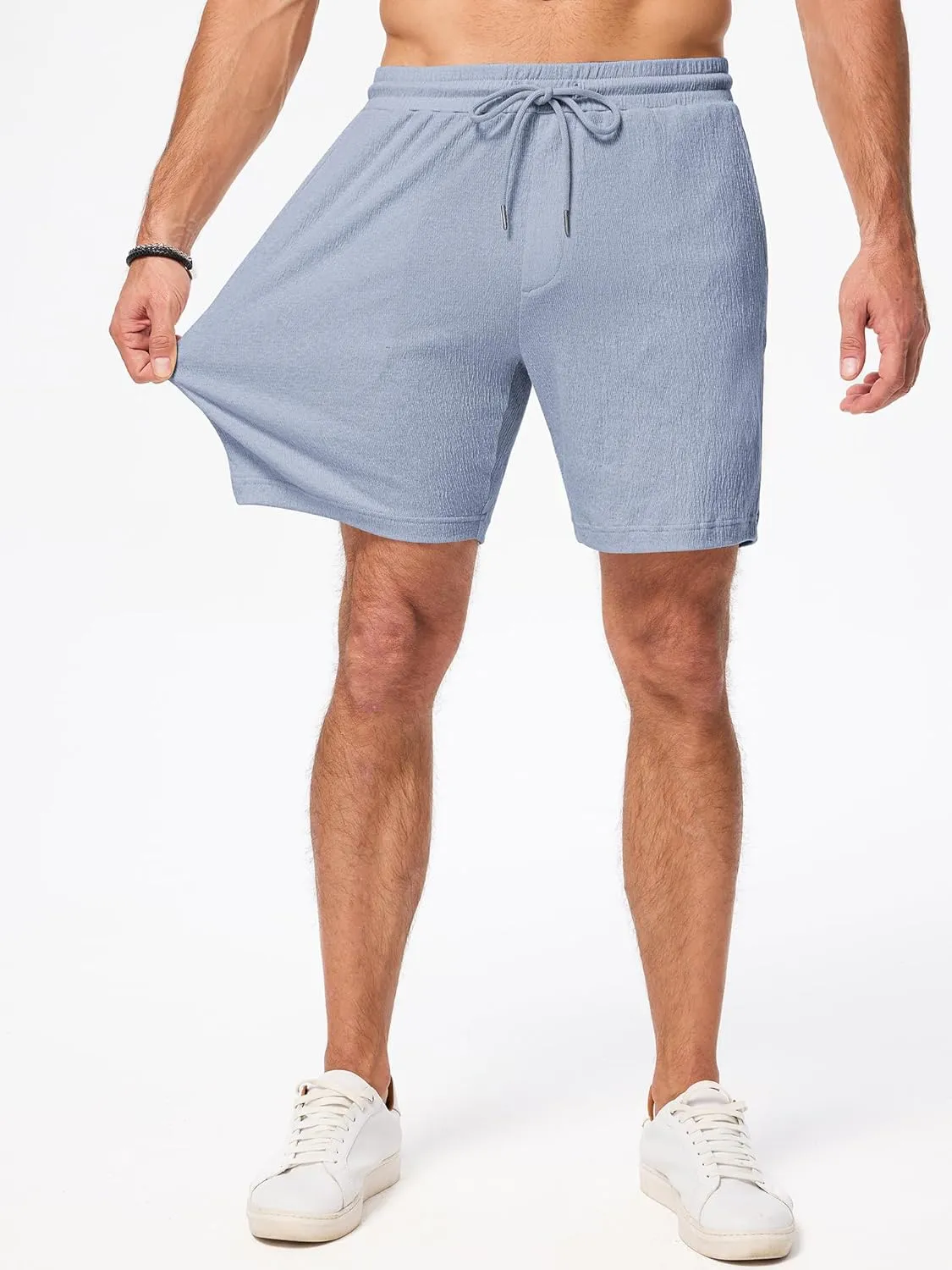 JMIERR Mens Casual 7" Shorts Cotton Elastic Waist Drawstring Summer Texture Stretch Beach Shorts with Pockets