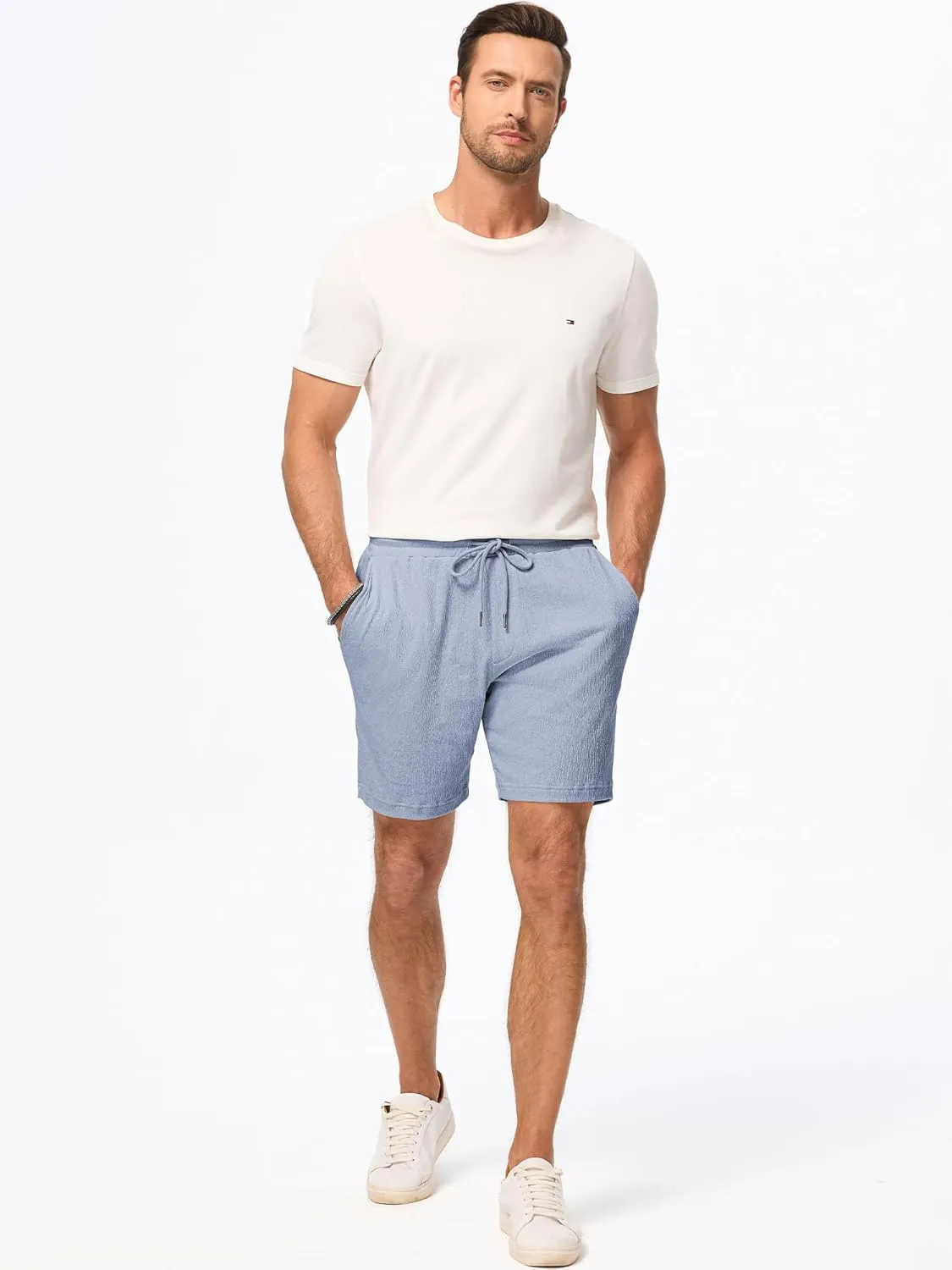 JMIERR Mens Casual 7" Shorts Cotton Elastic Waist Drawstring Summer Texture Stretch Beach Shorts with Pockets