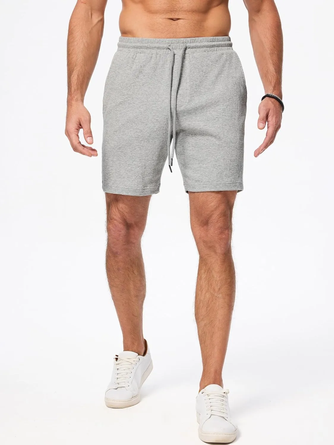 JMIERR Mens Casual 7" Shorts Cotton Elastic Waist Drawstring Summer Texture Stretch Beach Shorts with Pockets