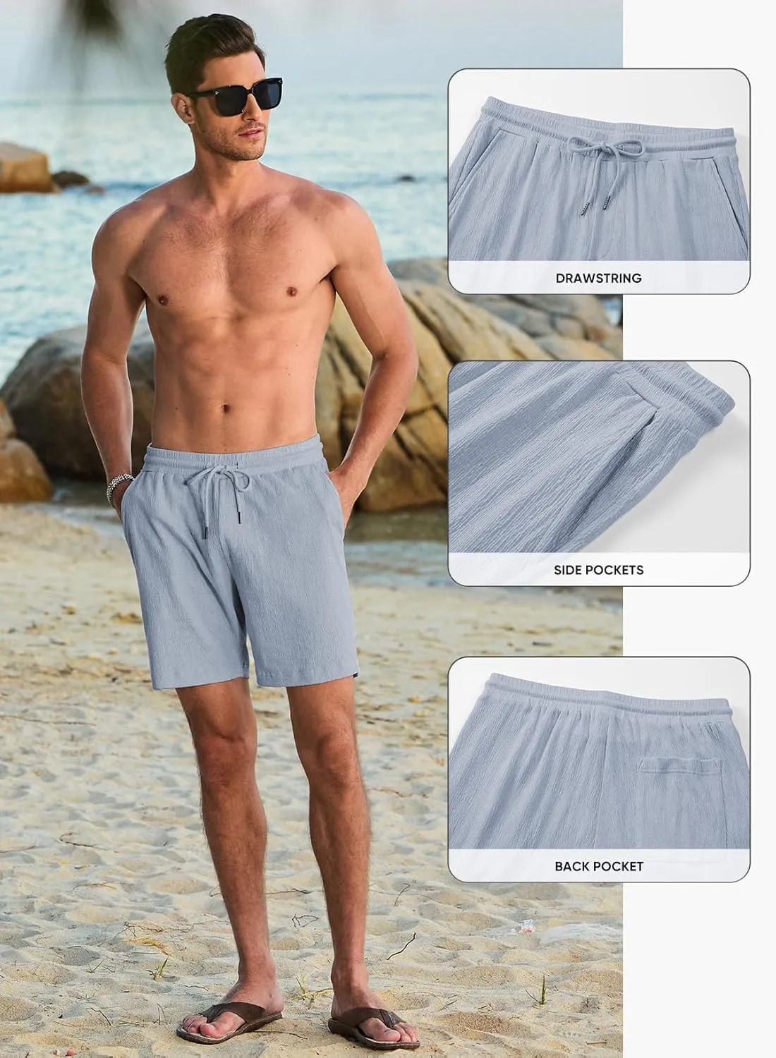 JMIERR Mens Casual 7" Shorts Cotton Elastic Waist Drawstring Summer Texture Stretch Beach Shorts with Pockets