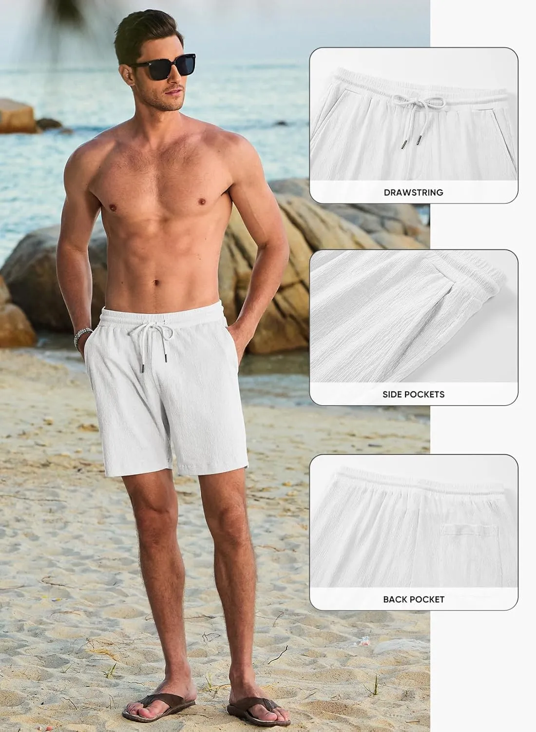 JMIERR Mens Casual 7" Shorts Cotton Elastic Waist Drawstring Summer Texture Stretch Beach Shorts with Pockets