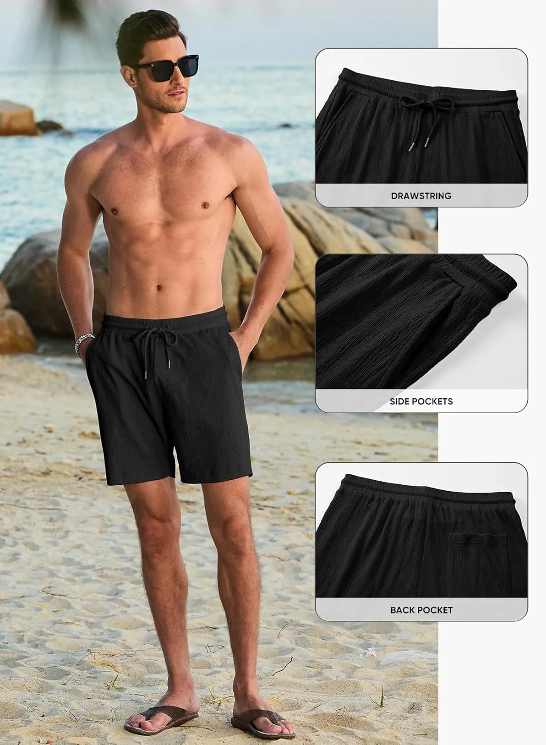 JMIERR Mens Casual 7" Shorts Cotton Elastic Waist Drawstring Summer Texture Stretch Beach Shorts with Pockets