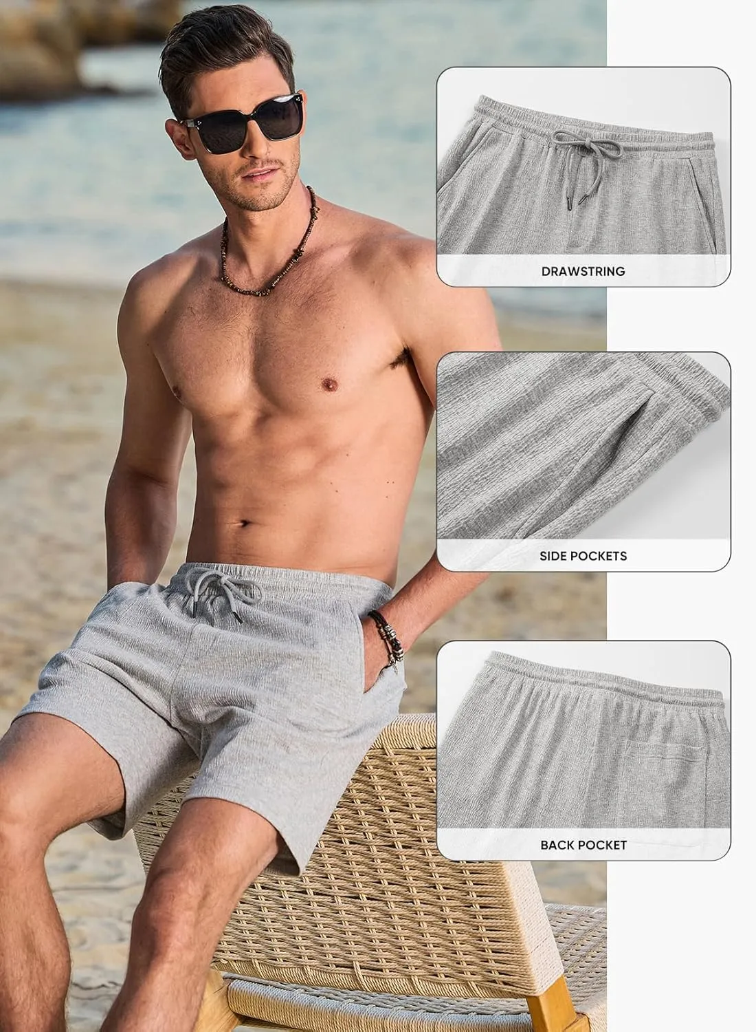 JMIERR Mens Casual 7" Shorts Cotton Elastic Waist Drawstring Summer Texture Stretch Beach Shorts with Pockets