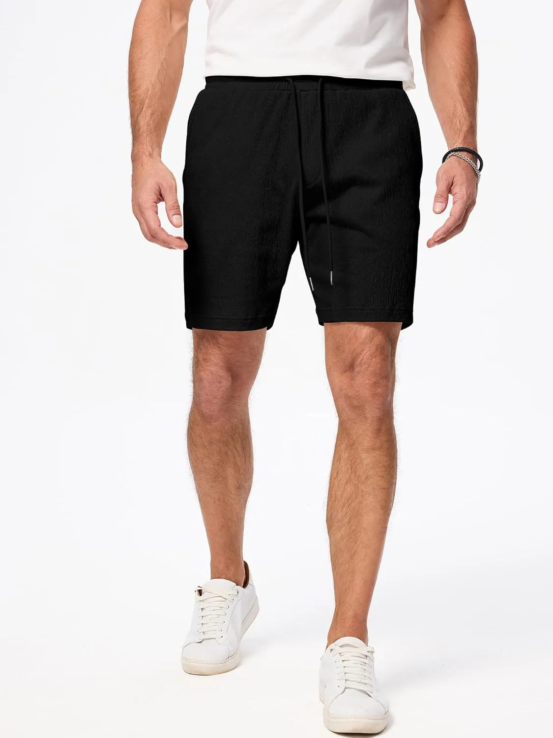 JMIERR Mens Casual 7" Shorts Cotton Elastic Waist Drawstring Summer Texture Stretch Beach Shorts with Pockets