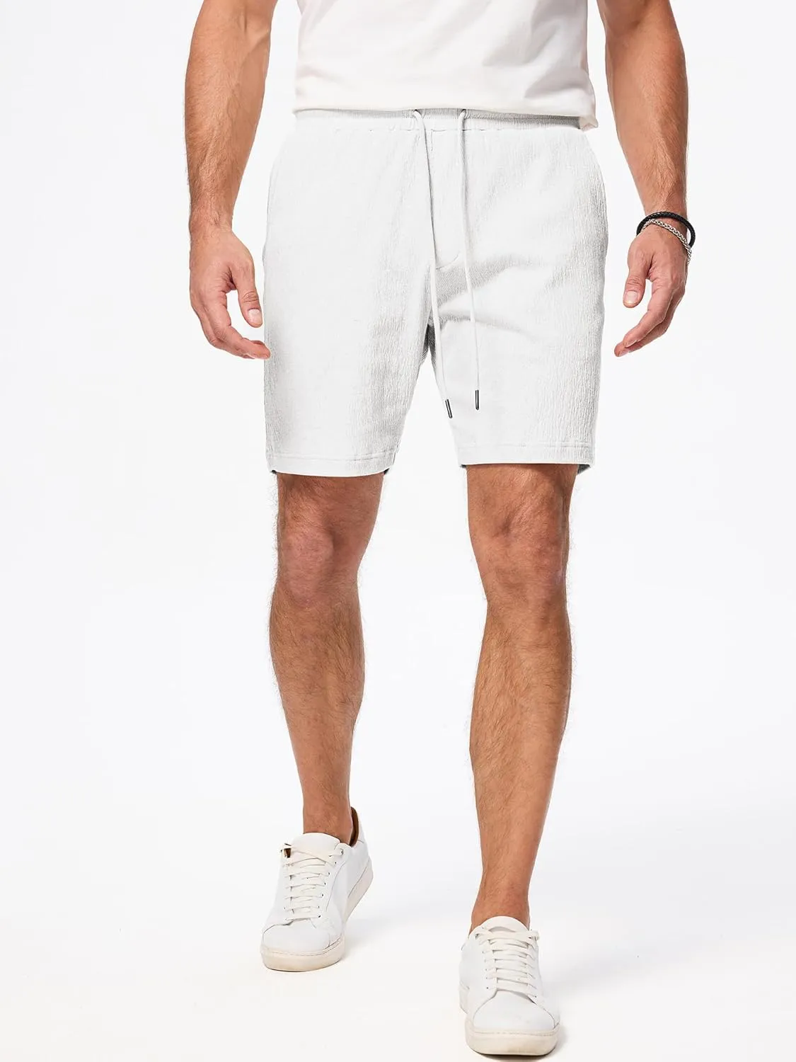 JMIERR Mens Casual 7" Shorts Cotton Elastic Waist Drawstring Summer Texture Stretch Beach Shorts with Pockets