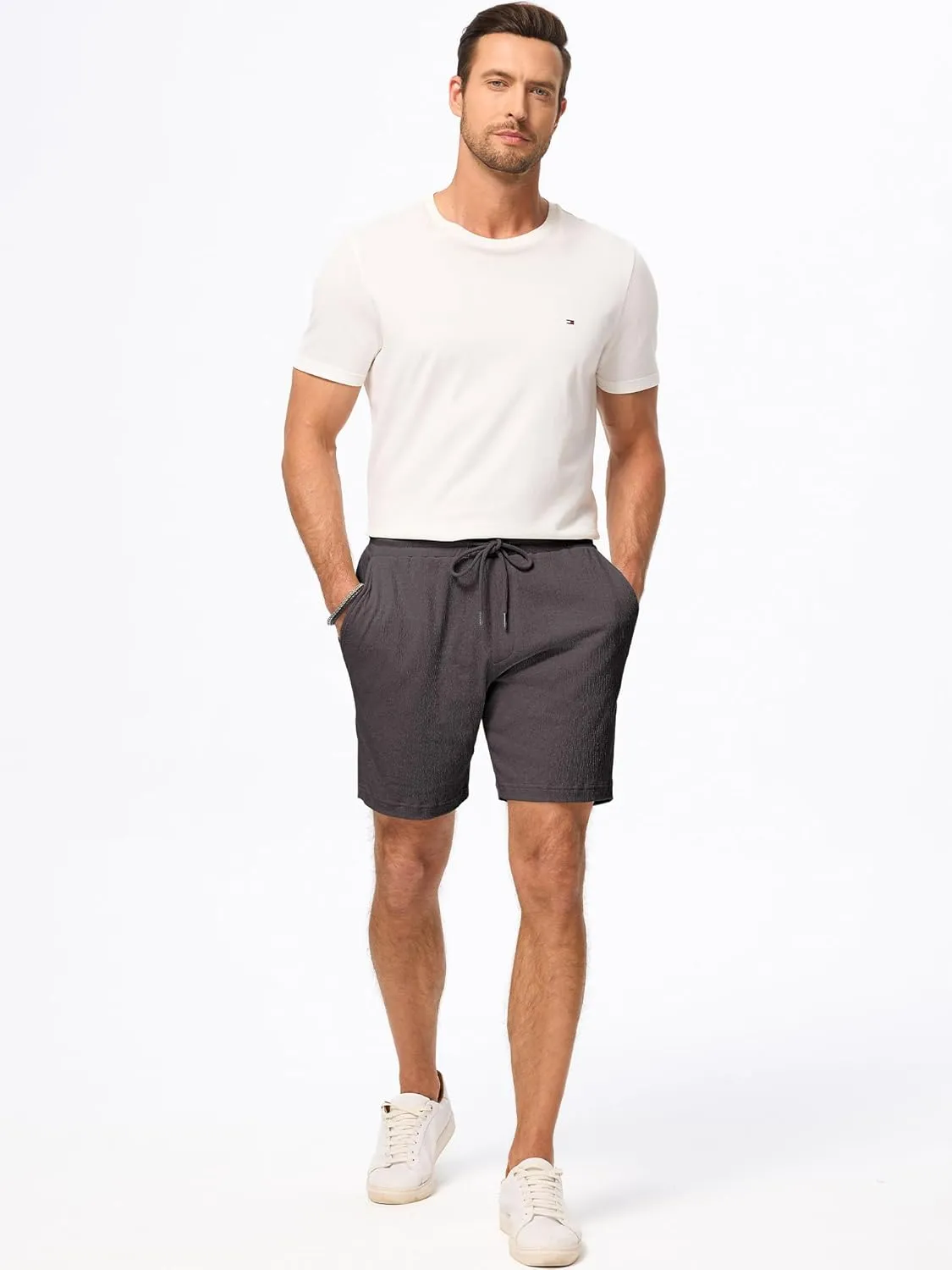 JMIERR Mens Casual 7" Shorts Cotton Elastic Waist Drawstring Summer Texture Stretch Beach Shorts with Pockets