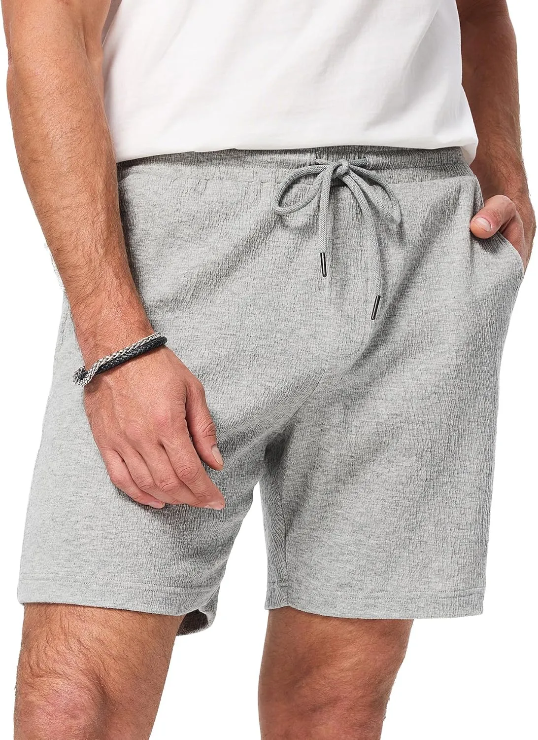 JMIERR Mens Casual 7" Shorts Cotton Elastic Waist Drawstring Summer Texture Stretch Beach Shorts with Pockets