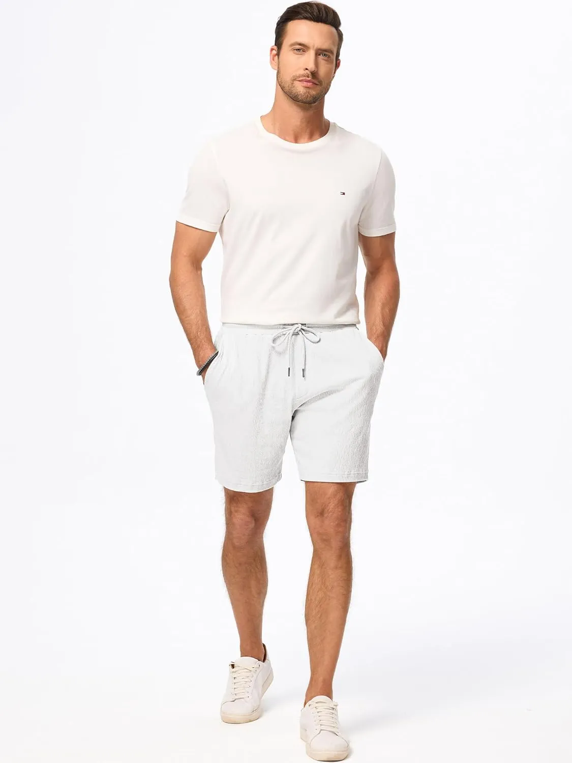JMIERR Mens Casual 7" Shorts Cotton Elastic Waist Drawstring Summer Texture Stretch Beach Shorts with Pockets