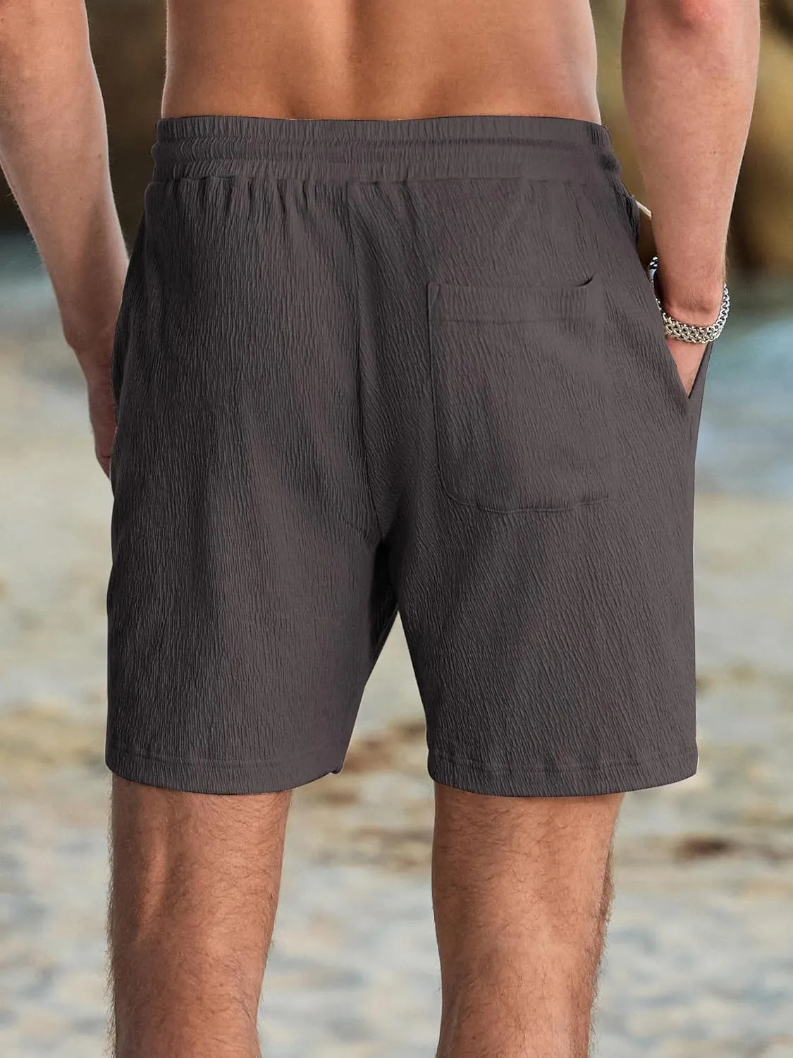 JMIERR Mens Casual 7" Shorts Cotton Elastic Waist Drawstring Summer Texture Stretch Beach Shorts with Pockets