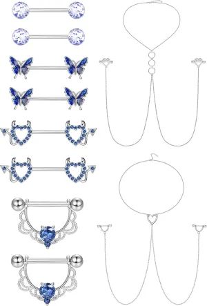 JOERICA 14G Stainless Steel Nipple Rings for Women CZ Butterfly Heart Nipple Rings with Choker Necklace Nipple Barbell Body Piercing Jewelry