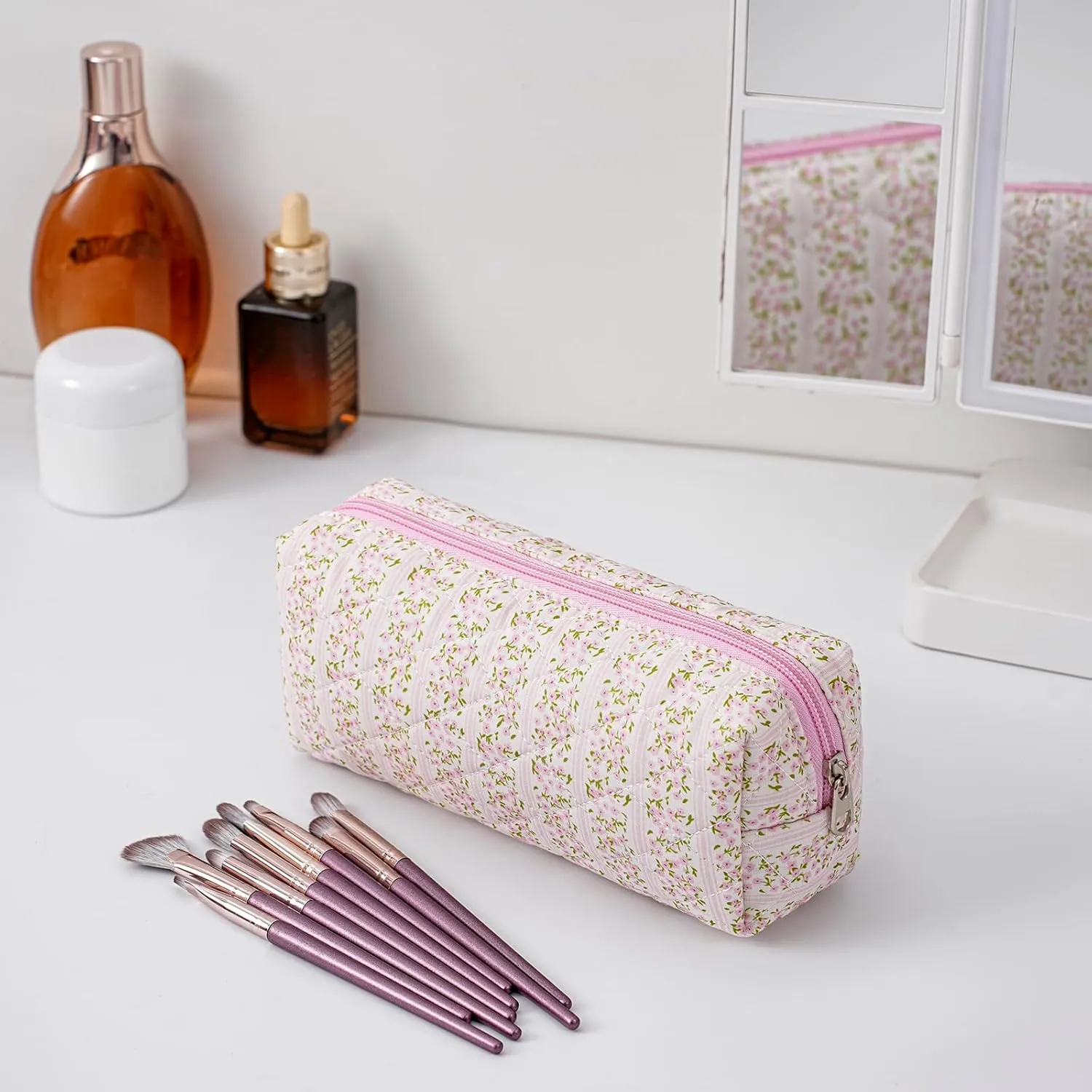 JOVAKIT 2Pcs Makeup Bag Quilted Cosmetic Bag for Women Girls, Floral Coquette Cotton Toiletry Zipper Make Up Pouch, Travel Storage Organizer Pouch (Pink Floral)