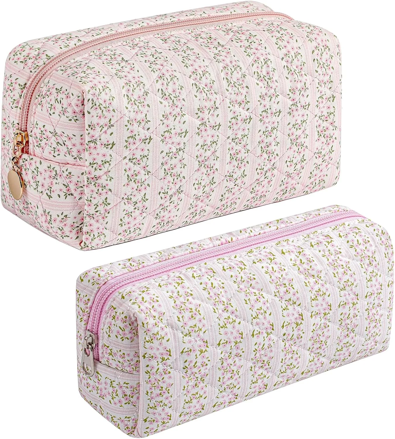 JOVAKIT 2Pcs Makeup Bag Quilted Cosmetic Bag for Women Girls, Floral Coquette Cotton Toiletry Zipper Make Up Pouch, Travel Storage Organizer Pouch (Pink Floral)