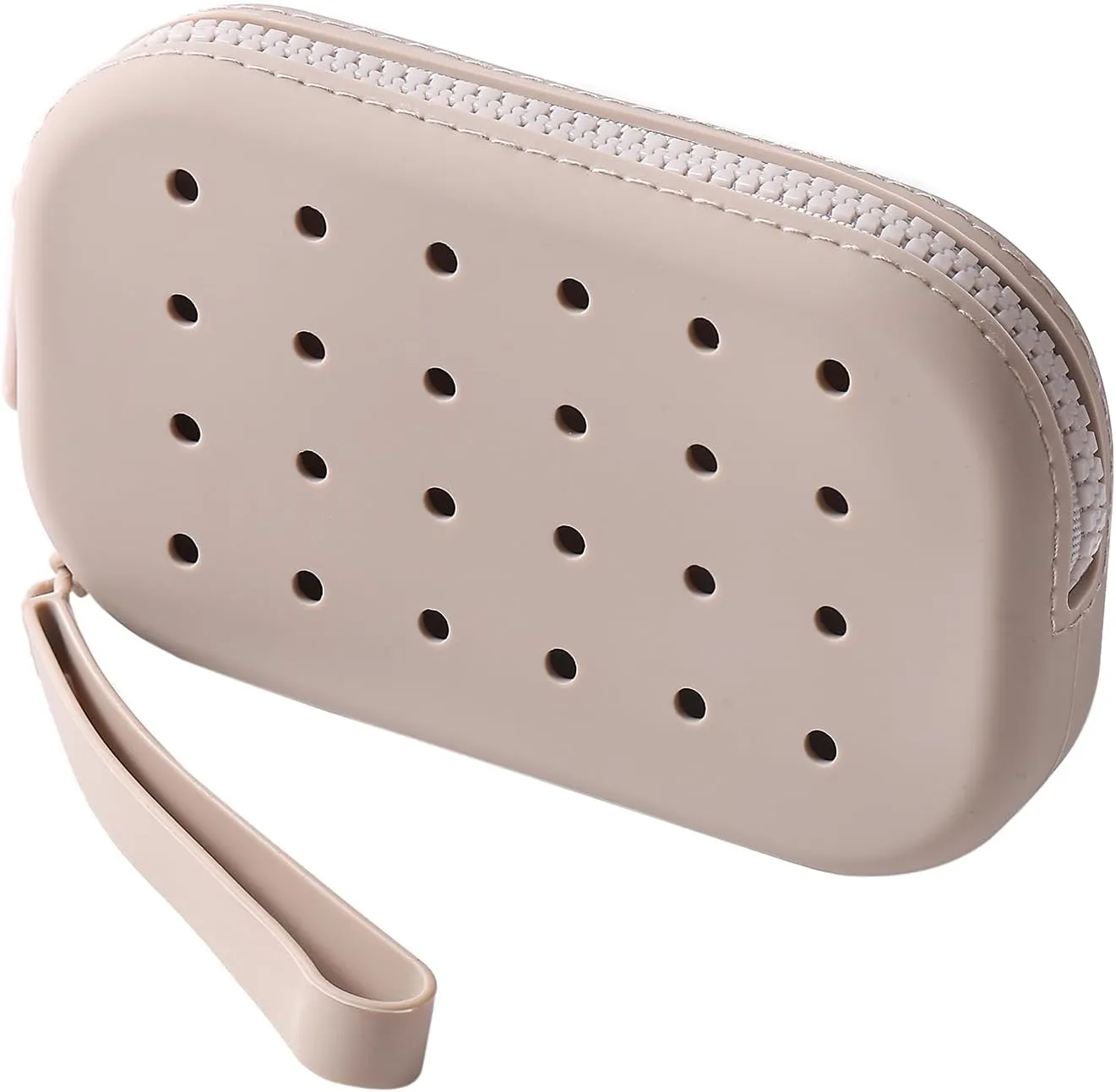 JOVAKIT Small Portable Silicone Makeup Bag for Women with Decorative Holes, Travel Waterproof Toiletry Cosmetic Bag Gifts for Women, Zipper Closure Makeup Case with Handle (Grey)