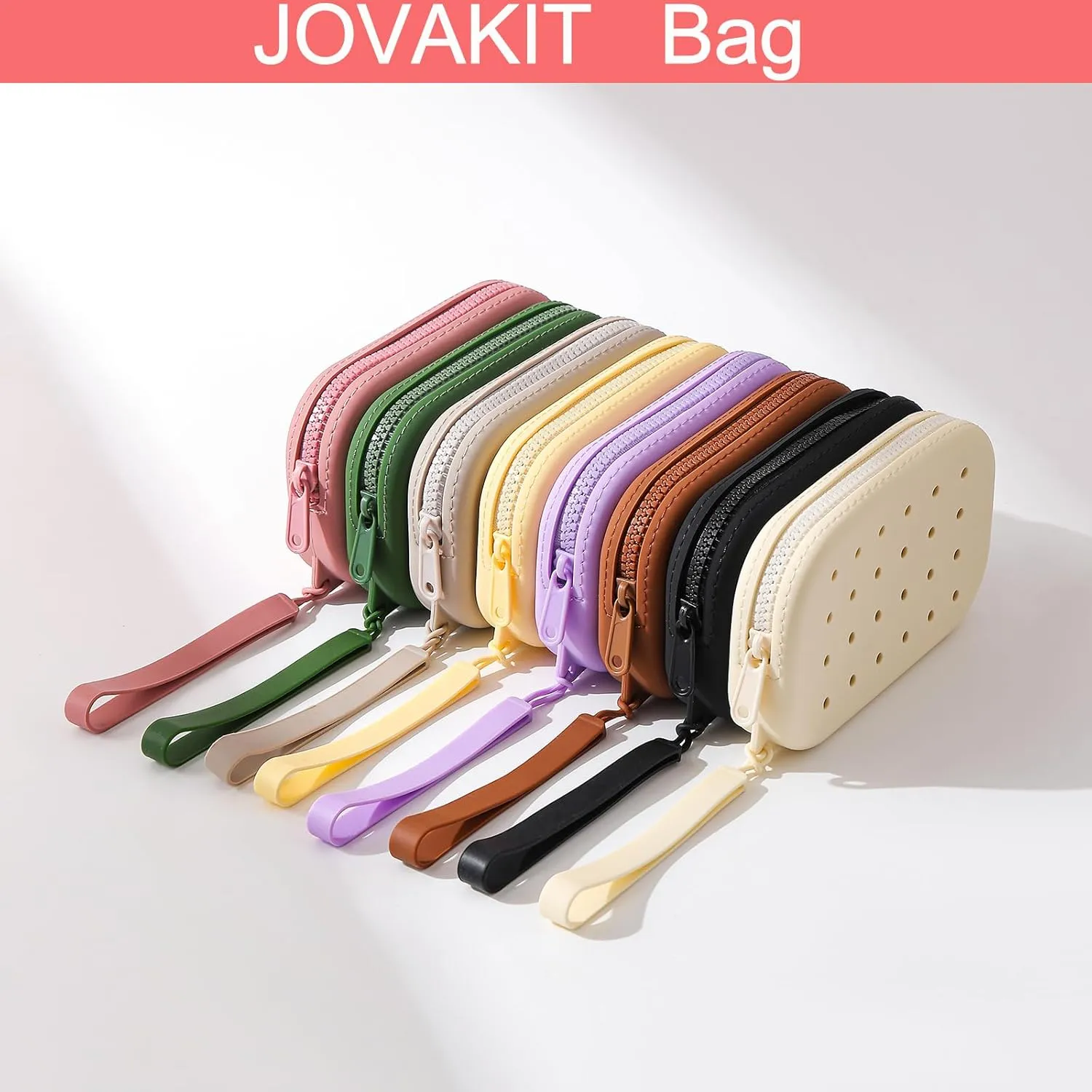 JOVAKIT Small Portable Silicone Makeup Bag for Women with Decorative Holes, Travel Waterproof Toiletry Cosmetic Bag Gifts for Women, Zipper Closure Makeup Case with Handle (Grey)