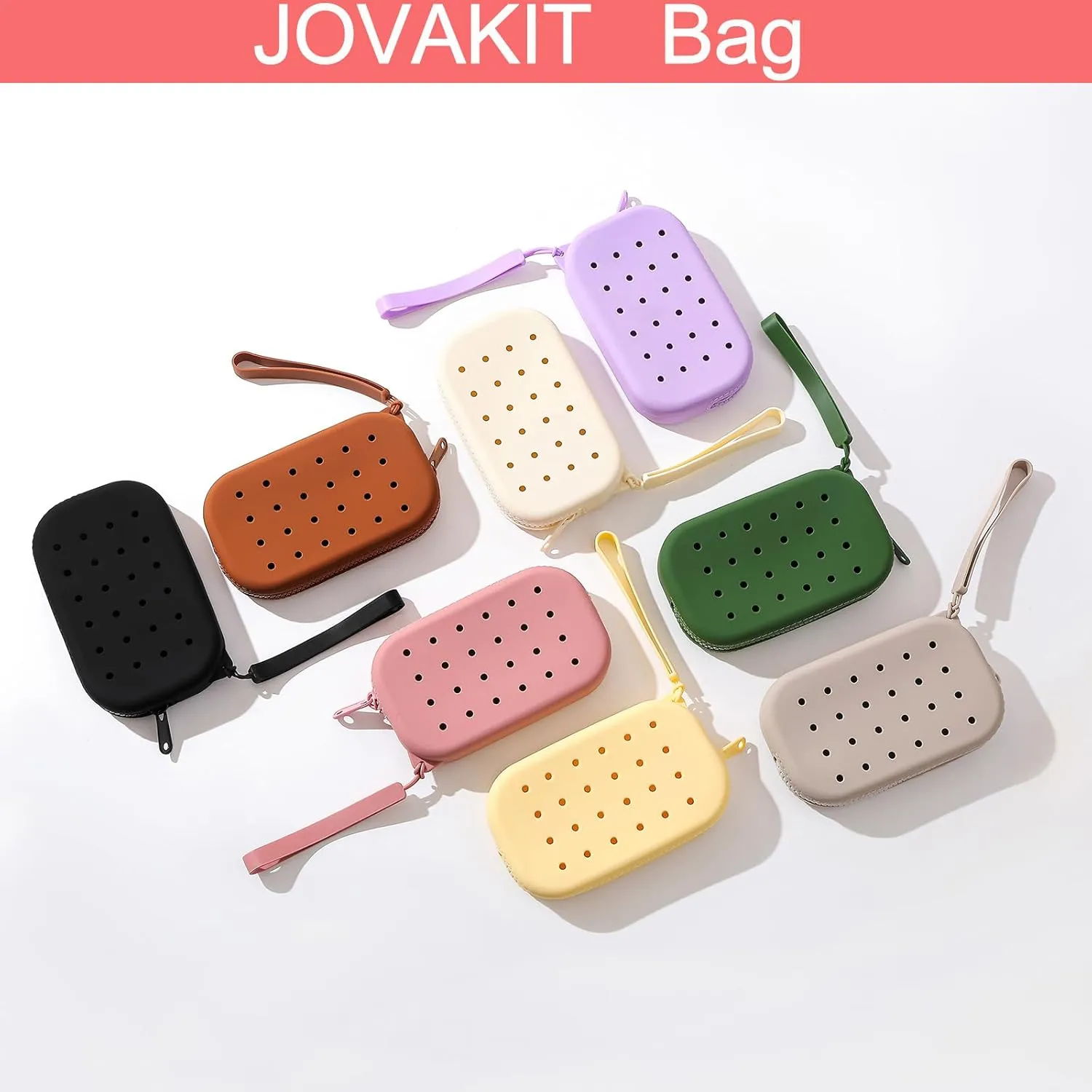 JOVAKIT Small Portable Silicone Makeup Bag for Women with Decorative Holes, Travel Waterproof Toiletry Cosmetic Bag Gifts for Women, Zipper Closure Makeup Case with Handle (Grey)